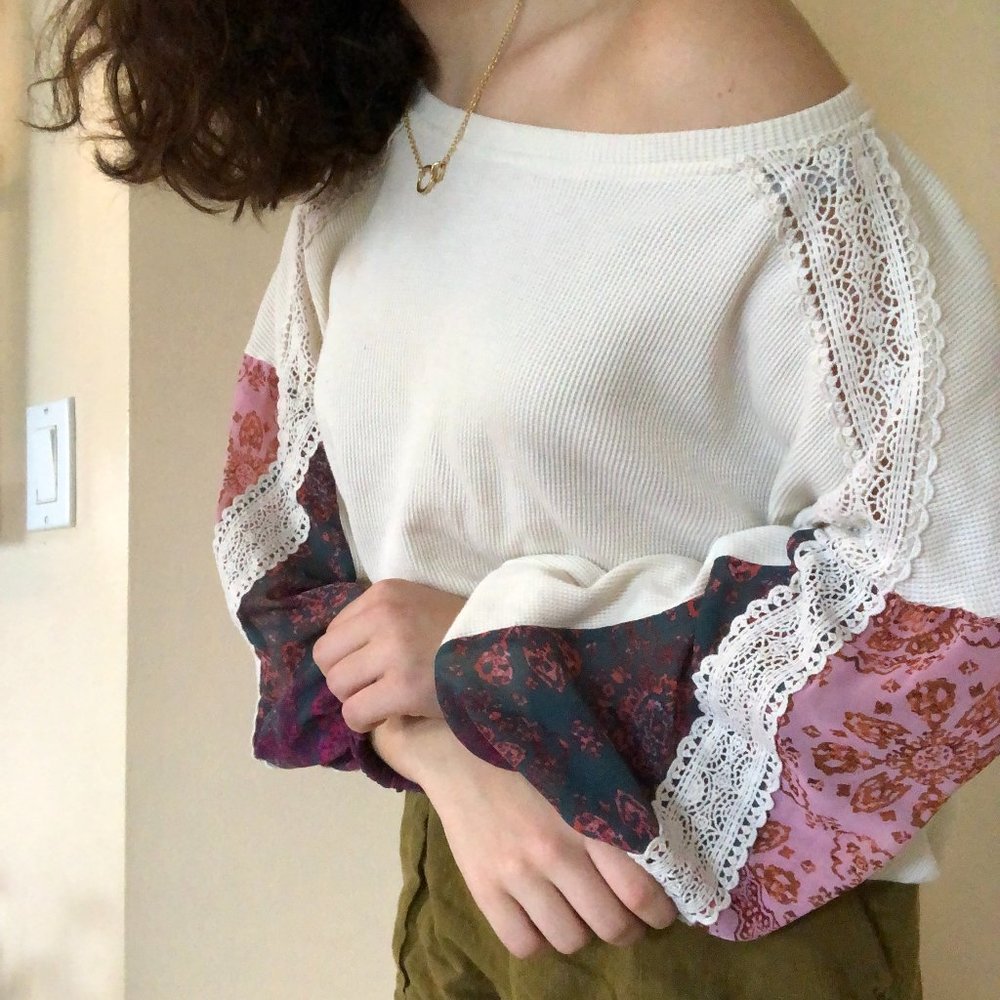 Forever 21 Wide Neck Lace and Print Mesh Sweater